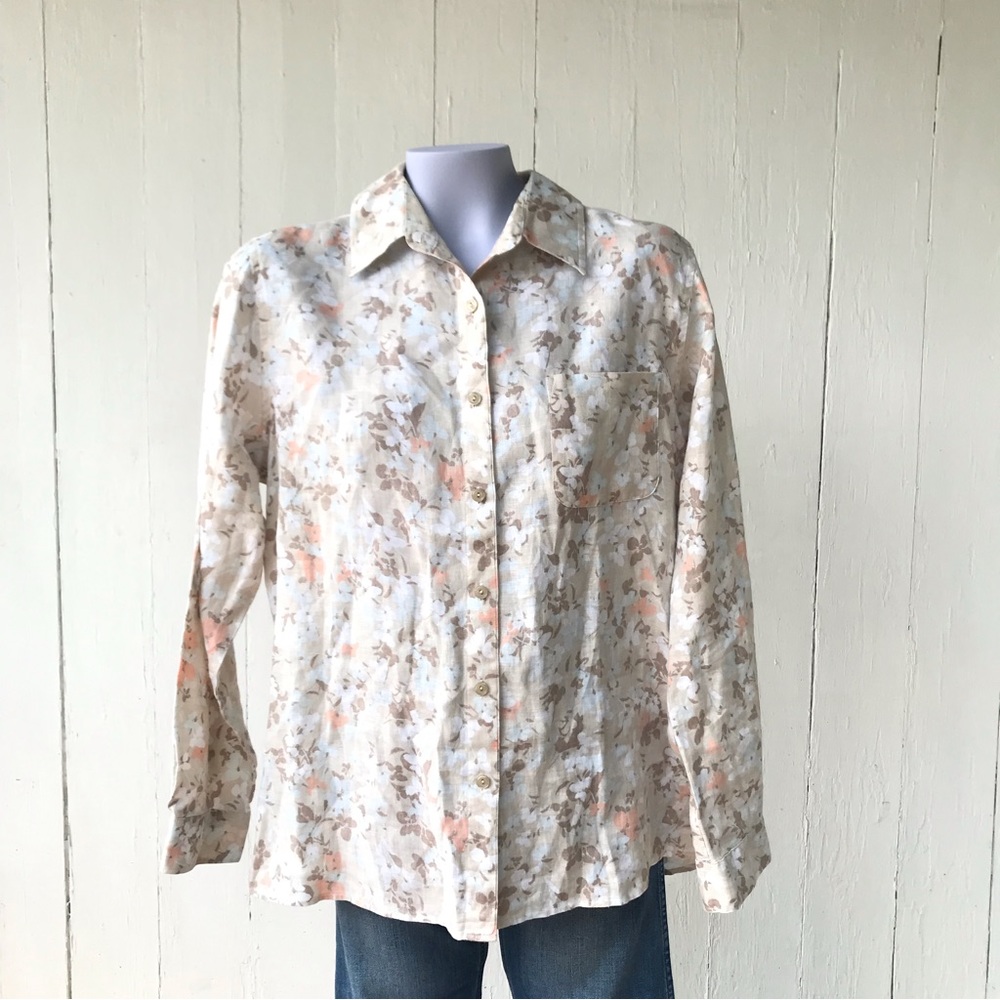L.L.Bean 100% Linen Neutral Floral Button Front Long Sleeve Shirt Large Pocket